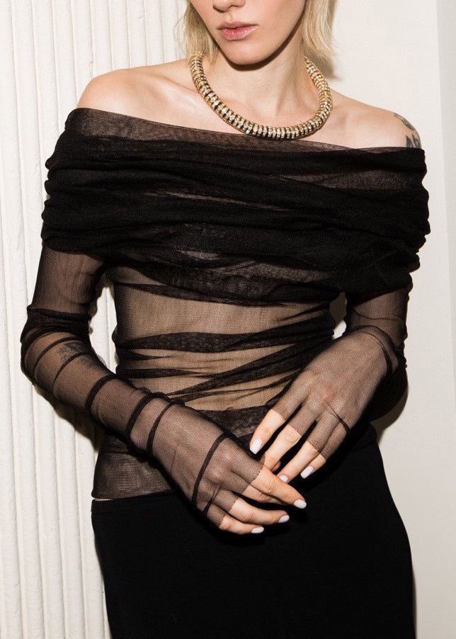 Black Slash Neck Pleated Tulle Long Sleeved Slim Fit T-shirt
