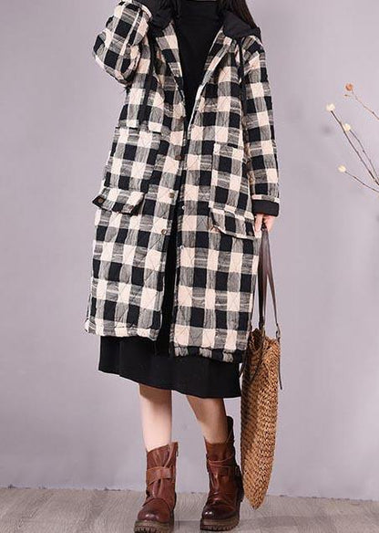 Black Plaid Parkas for Coats Hooded Pockets Outwear