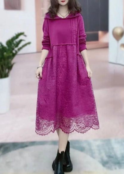 Rose Hooded Patchwork Lace Long Dresses Fall