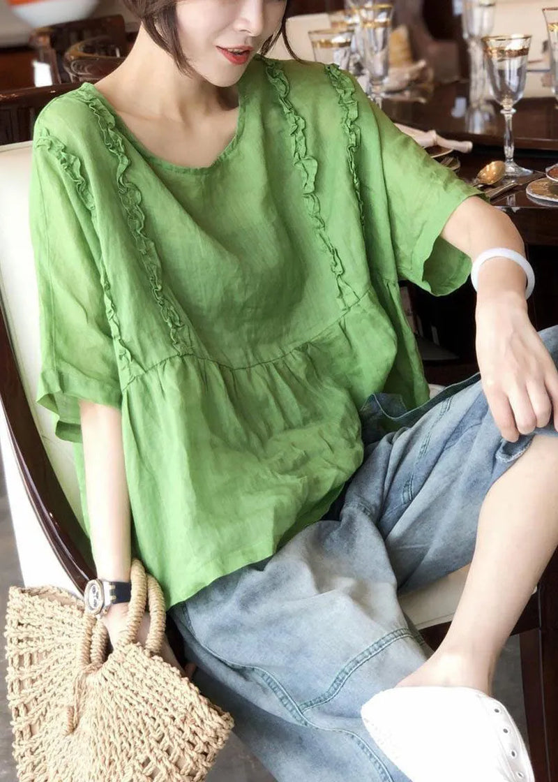 Italian Green O-neck Ruffled Patchwork Linen Tops Short Sleeve