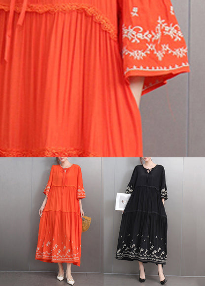 Black Lace Up Ruffled Cotton Long Dresses Embroidered Flare Sleeve Fall
