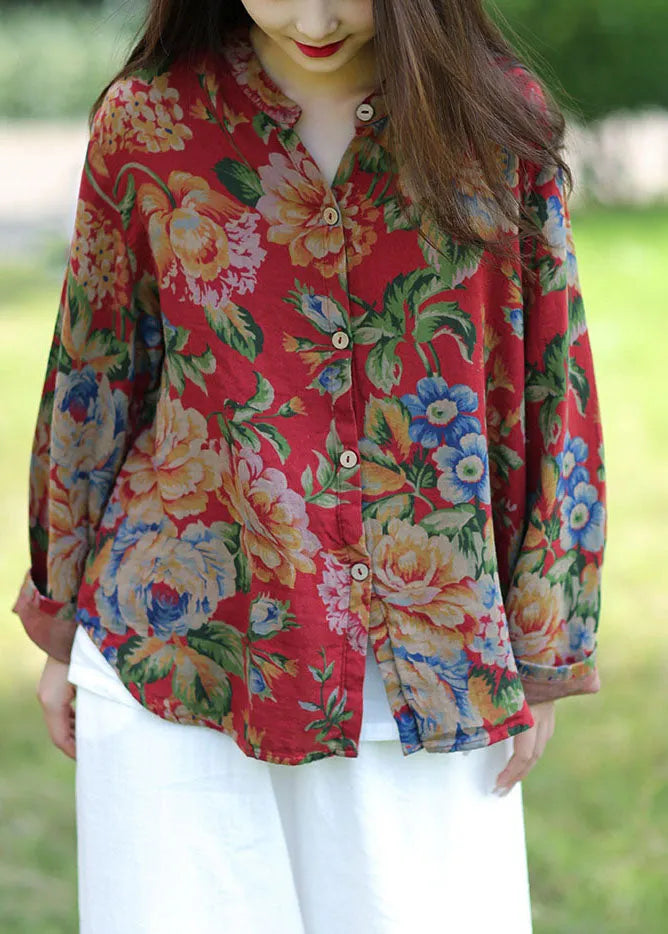 Red Print O-neck Cotton Shirt Top Spring