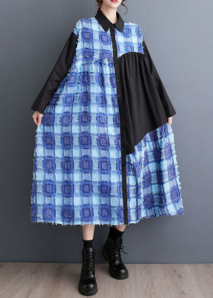Blue Asymmetrical Tulle Patchwork Button Maxi Shirts Dress Fall