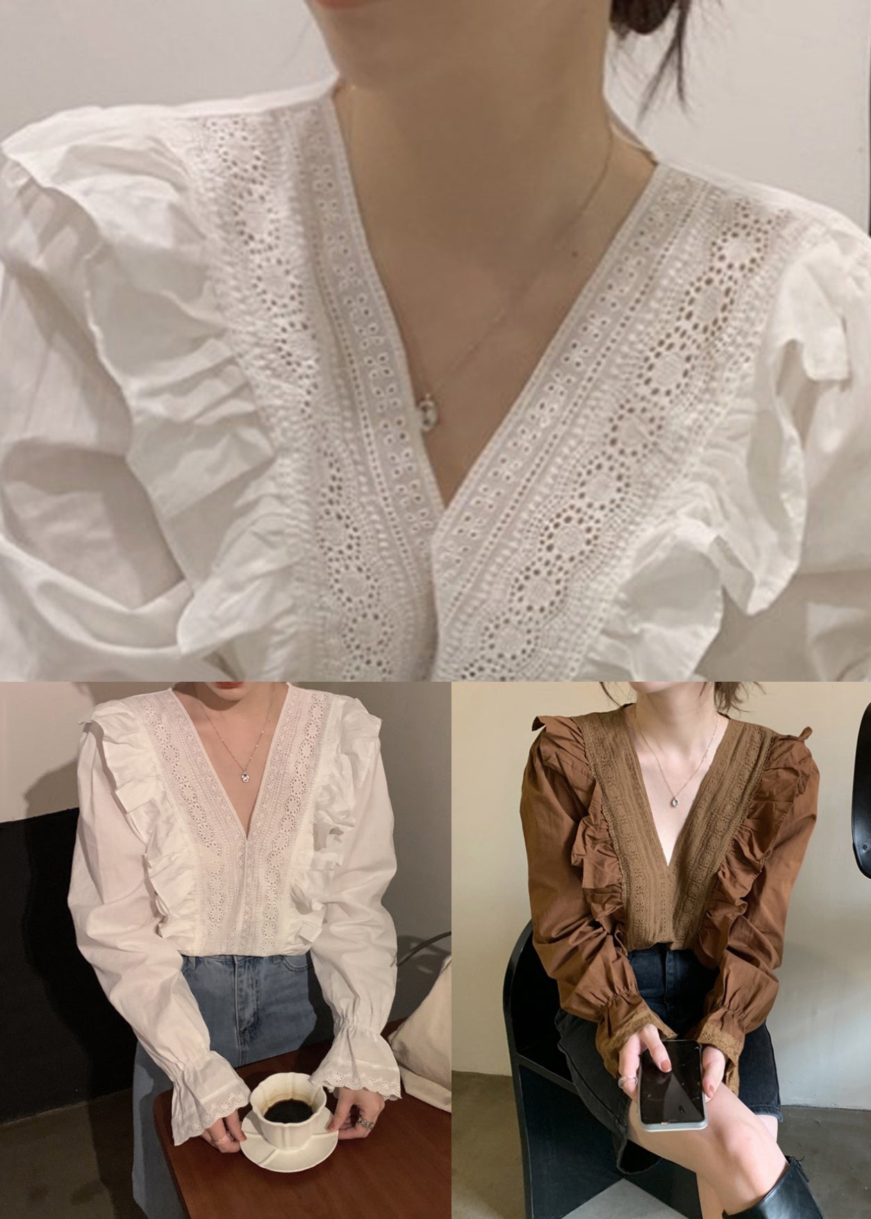 Art White V Neck Hollow Out Cotton Blouses Flare Sleeve