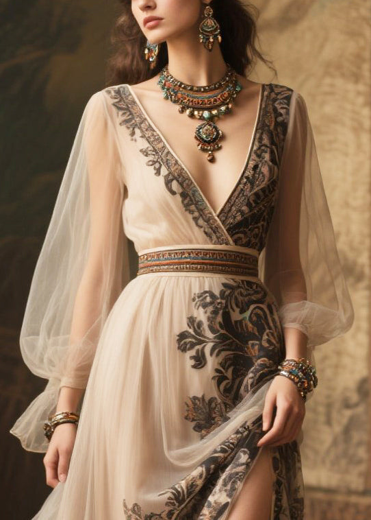 Beige Print Exra Large Hem Chiffon Holiday Dress Summer