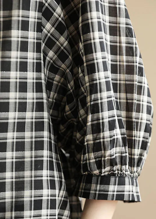 Black Peter Pan Collar Plaid Cotton Shirt Top Bracelet Sleeve Summer