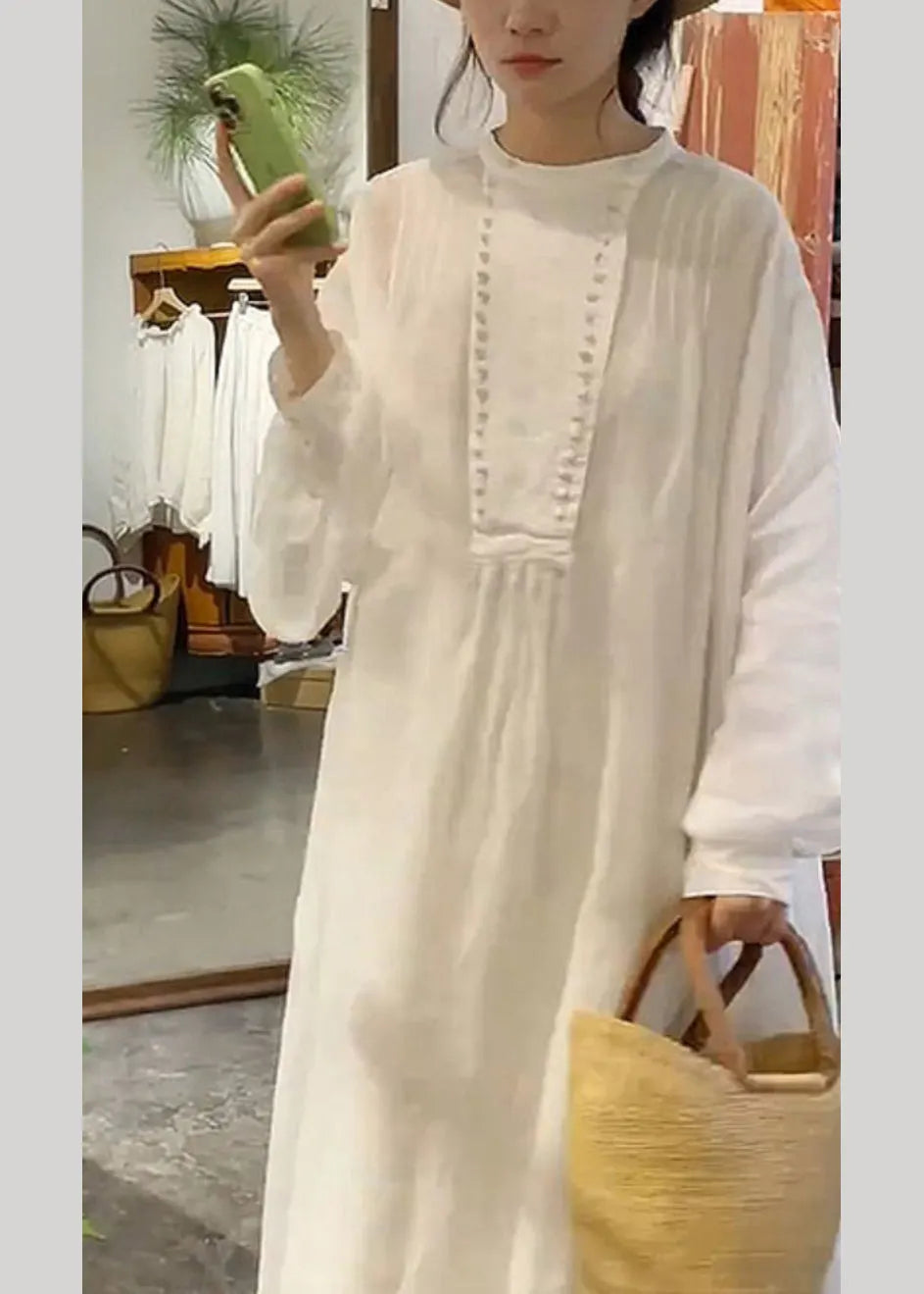 New White O-neck Cotton Long Dress Spring