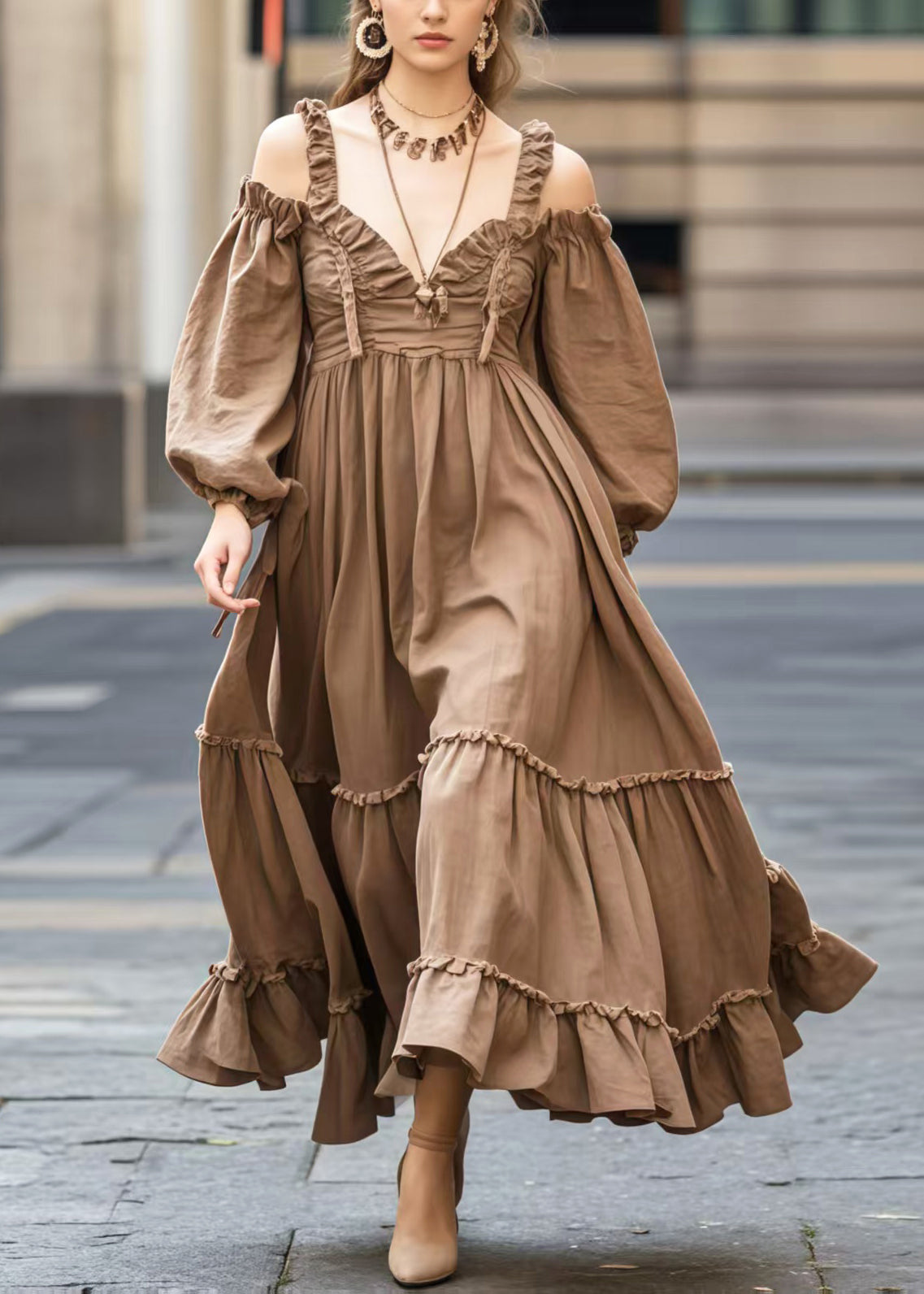 Coffee Cold Shoulder Exra Large Hem Maxi Dresses Spring