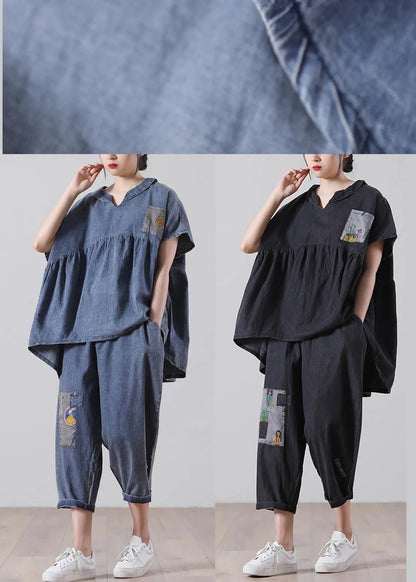 Black Patchwork Pockets Cotton Two Pieces Set Summer