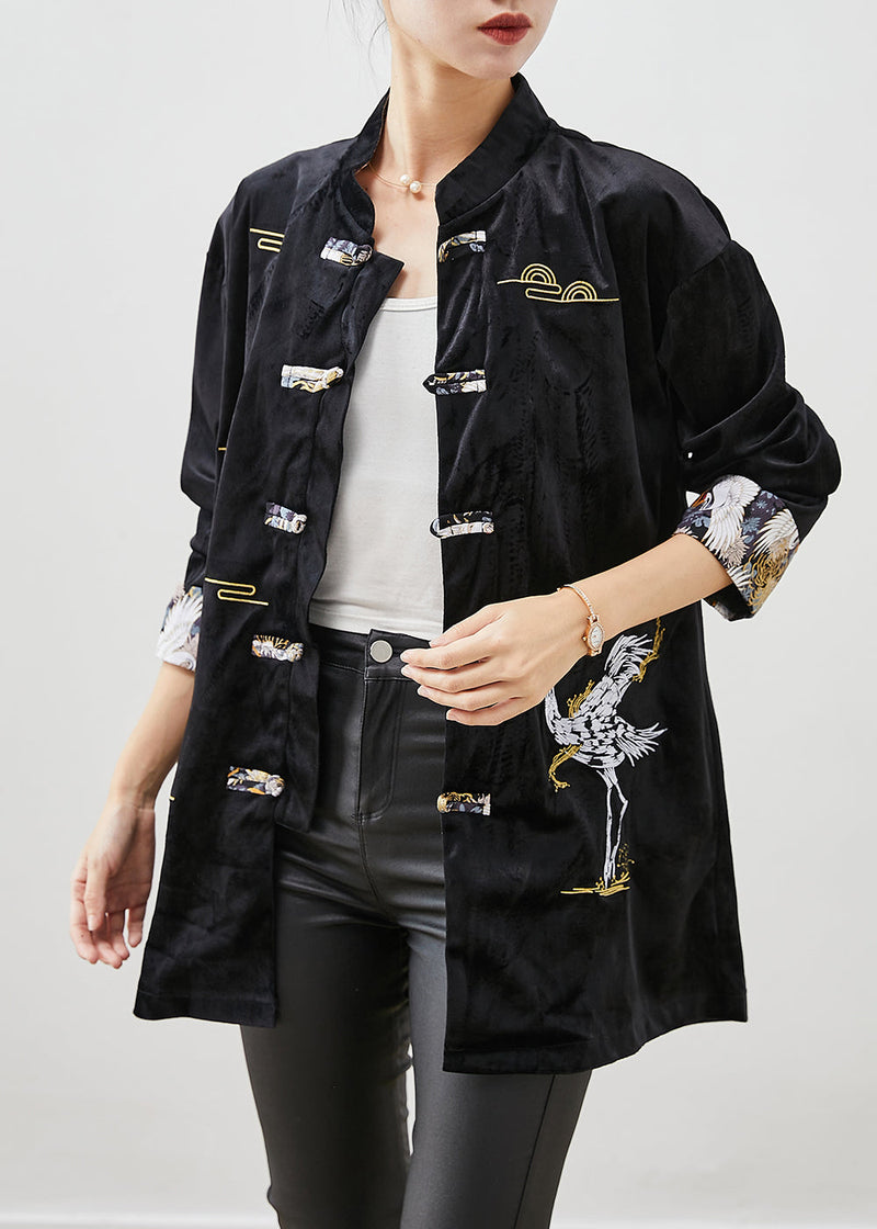 Black Embroideried Chinese Button Silk Velour Jackets Fall