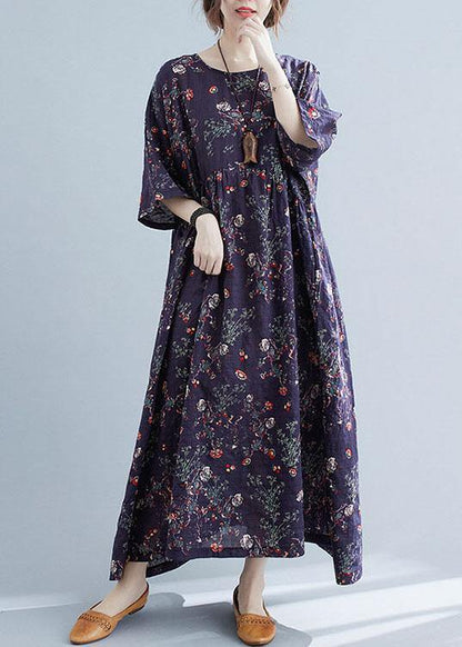French Navy Print Pockets Loose Summer Half Sleeve Long Dress