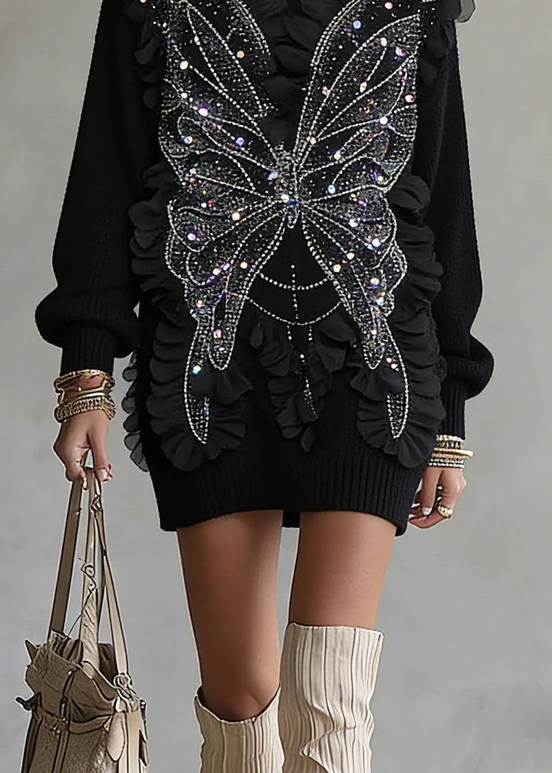 Black O-neck Sequins Top Lantern Sleeve Spring