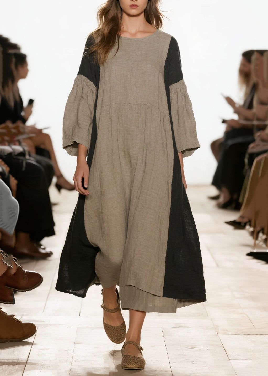 Grey Oversized Patchwork Linen Vacation Dresses Bracelet Sleeve