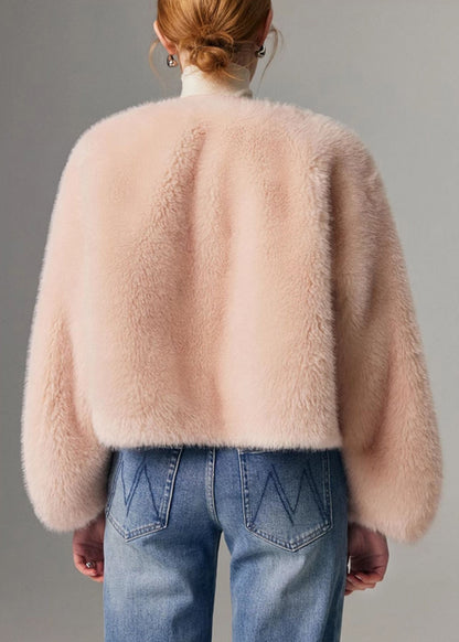 Italian Pink O Neck Button Leather and Fur Coat Winter