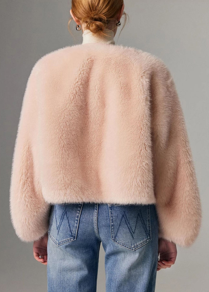 Italian Pink O Neck Button Leather and Fur Coat Winter