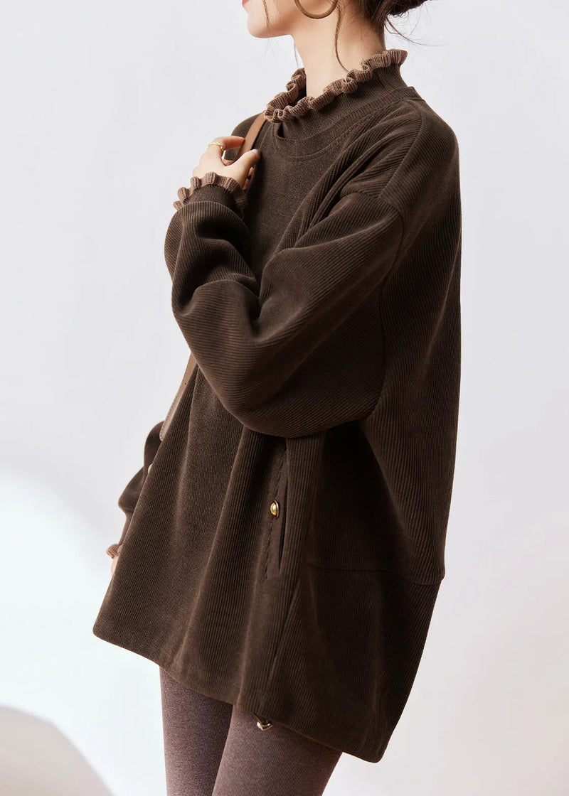 French Coffee Ruffled Patchwork False Two Pieces Warm Fleece Top Fall