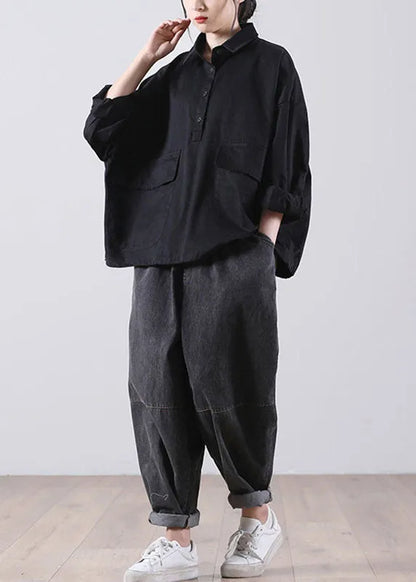 Style Black Peterpan Collar Pockets Button Fall Shirts Long Sleeve