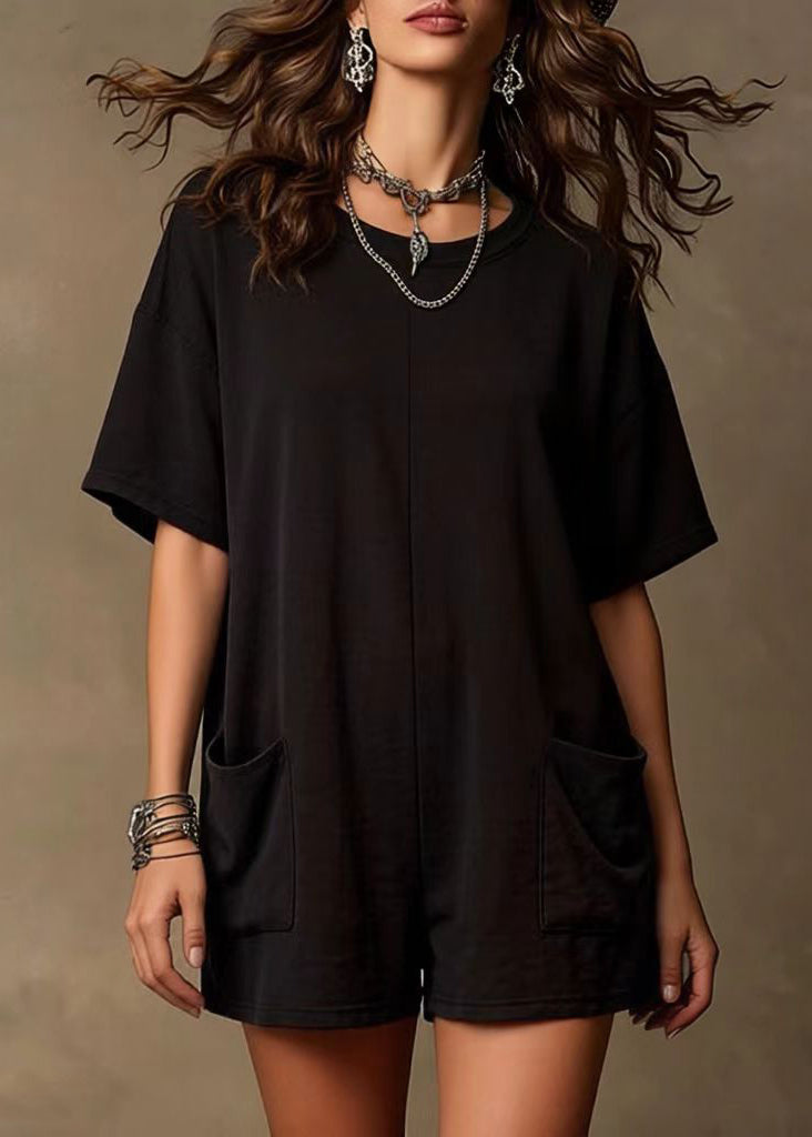 Style Black Oversized With Pockets Cotton Shorts Jumpsuits Summer