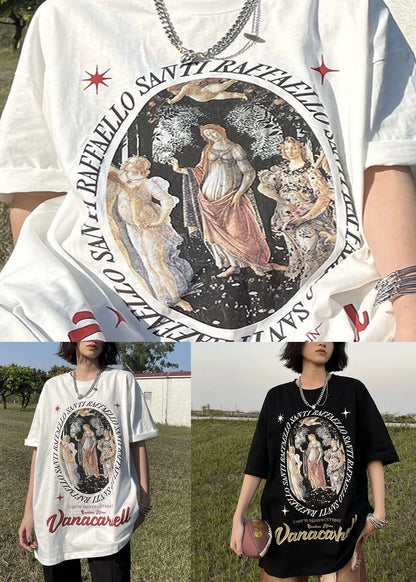 Black Print Cotton Tops T Shirt O Neck Summer