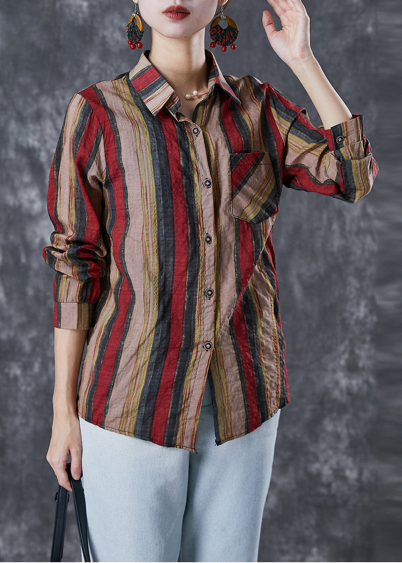 Red Peter Pan Collar Striped Linen Shirt Top Fall