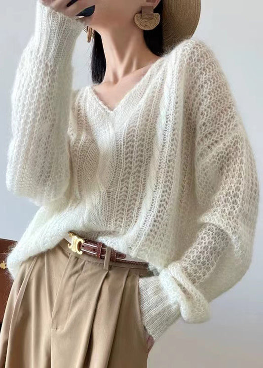 Loose White Hollow Out Knit Sweater Winter