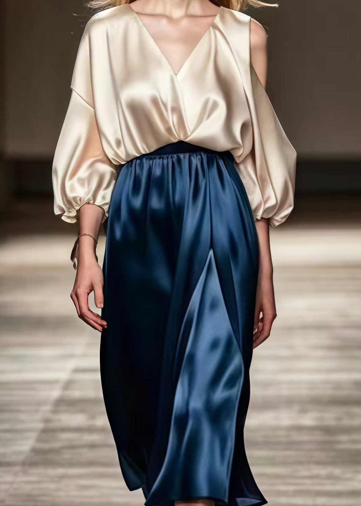 Champagne One Shoulder Patchwork Silk Dresses Spring