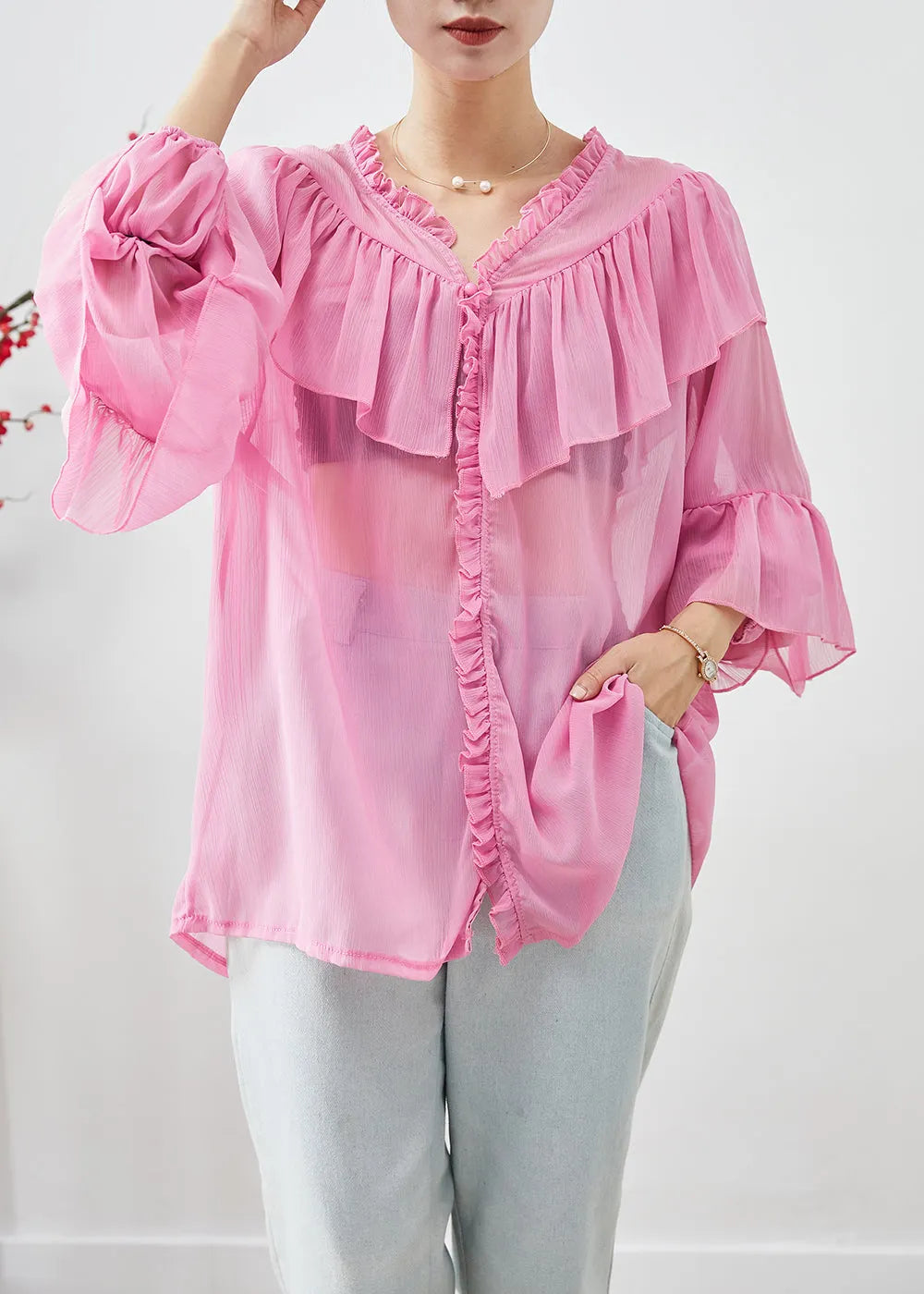 Pink Oversized Patchwork Ruffles Chiffon Top Fall