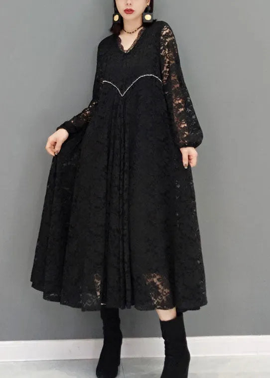 Black V Neck Hollow Out Lace Dresses Spring