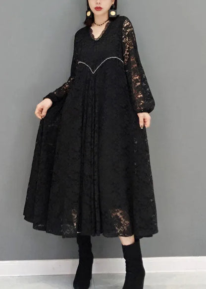 Black V Neck Hollow Out Lace Dresses Spring