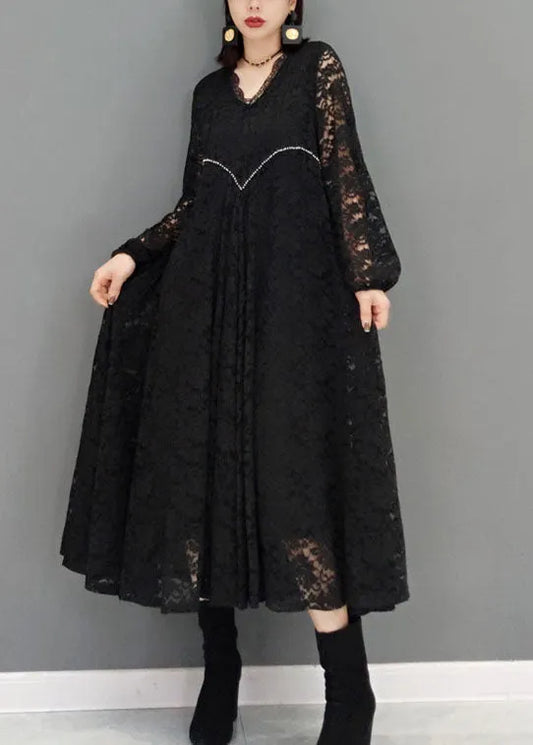 Black V Neck Hollow Out Lace Dresses Spring