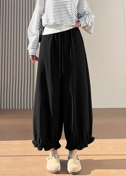 Black Elastic Waist Ruffled Cotton Pants Fall