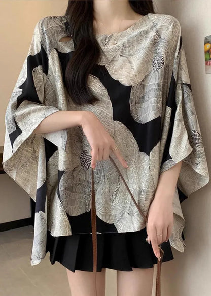 French Oversized Print Chiffon Shirt Top Batwing Sleeve
