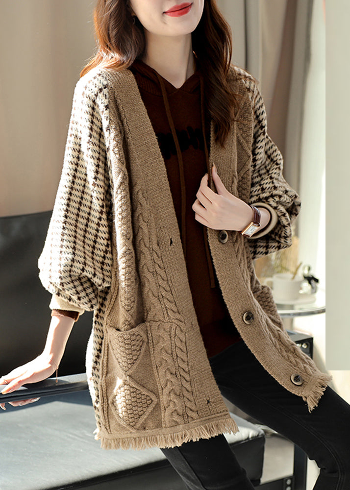 Khaki V Neck Plaid Patchwork Tassel Knit Coats Fall