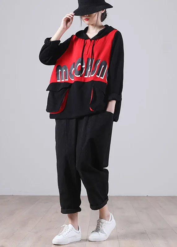 Comfy Red Hooded Drawstring Pockets Fall Patchwork Pullover Street Wear