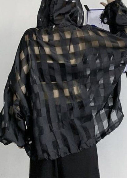 Black Plaid Button Lace Up Thin Top Long Sleeve