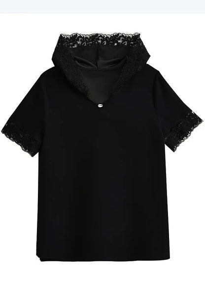 Black Hooded Patchwork Lace Tank Summer