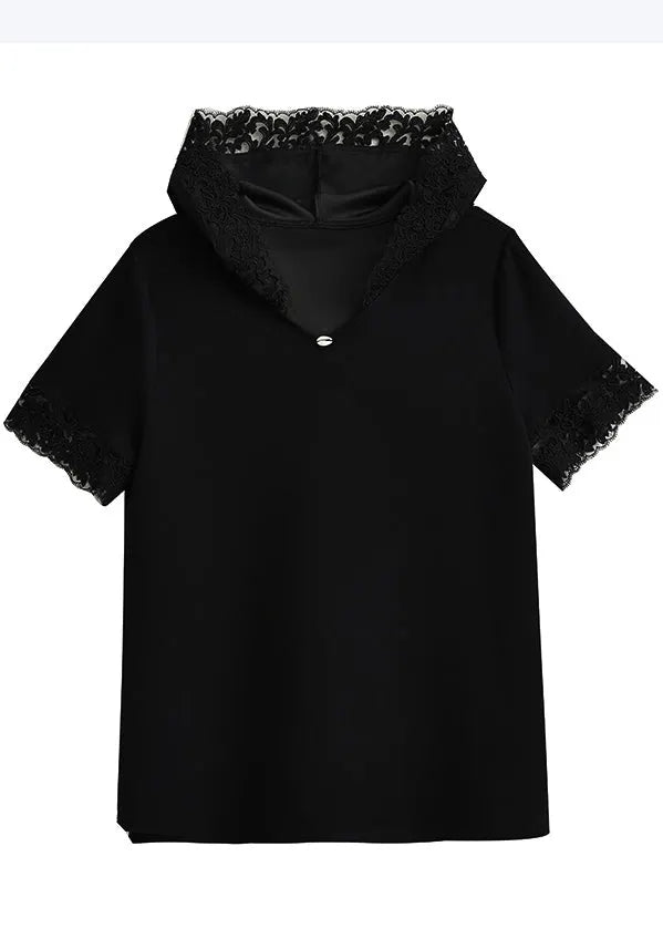 Black Hooded Patchwork Lace Tank Summer