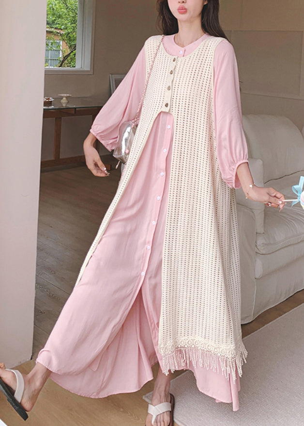 Pink Shirts Dress and Beige Smock Two Piece Set Clothing Fall
