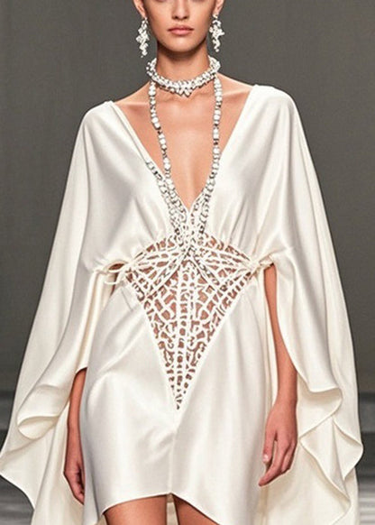 Italian White V Neck Hollow Out Hollow Out Silk Party Dress Spring