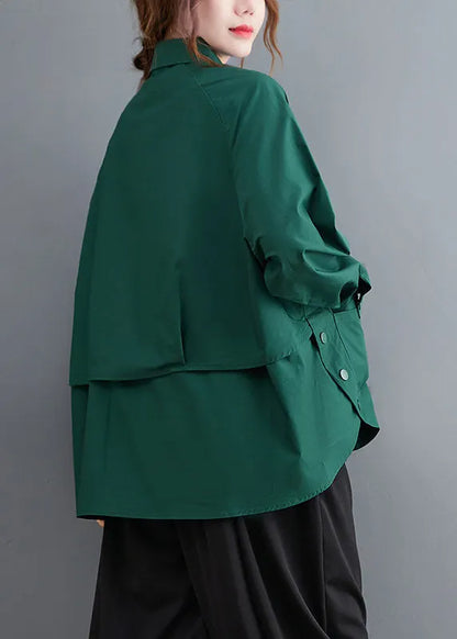 Original Design Blackish Green Oversized Patchwork Cotton Shirt Top Spring