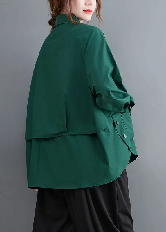 Original Design Blackish Green Oversized Patchwork Cotton Shirt Top Spring