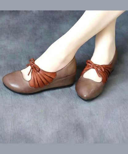 Brown Comfortable Cowhide Leather High Wedge Heels Shoes