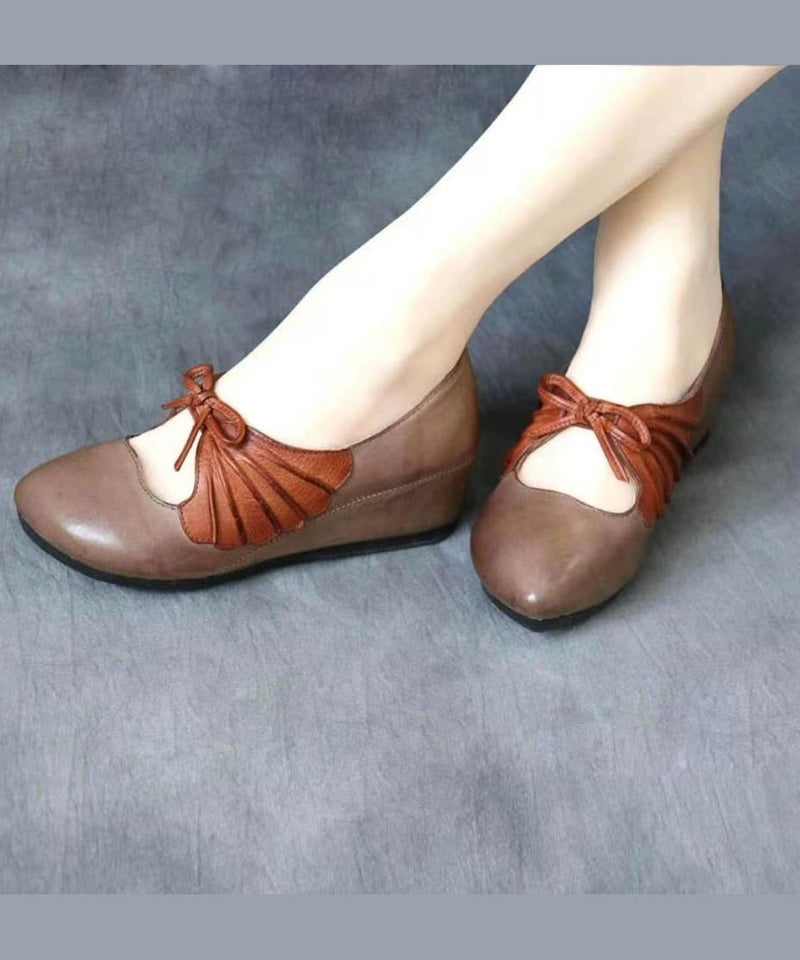 Brown Comfortable Cowhide Leather High Wedge Heels Shoes