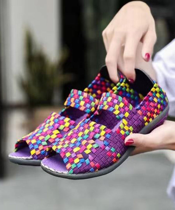 Knit Fabric Flat Shoes for Purple Splicing Peep Toe