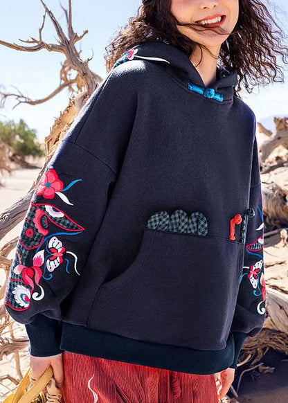 Diy Black Embroideried Pockets Warm Fleece Pullover Spring