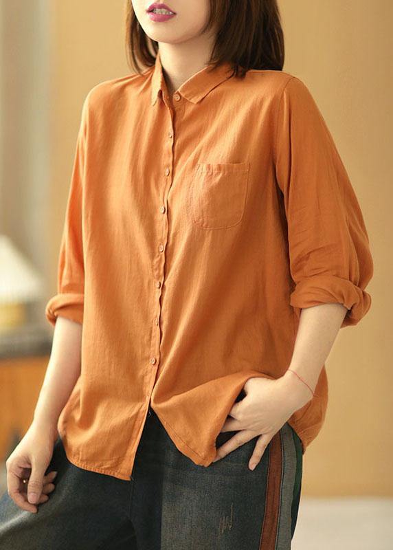 Orange Peterpan Collar Button Pockets Fall Long Sleeve Blouse Top