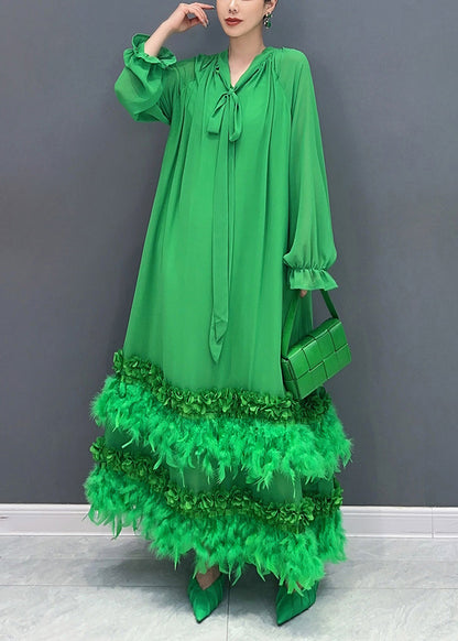 Stylish Green Feather Lace Up Patchwork Chiffon Maxi Dress Long Sleeve Spring