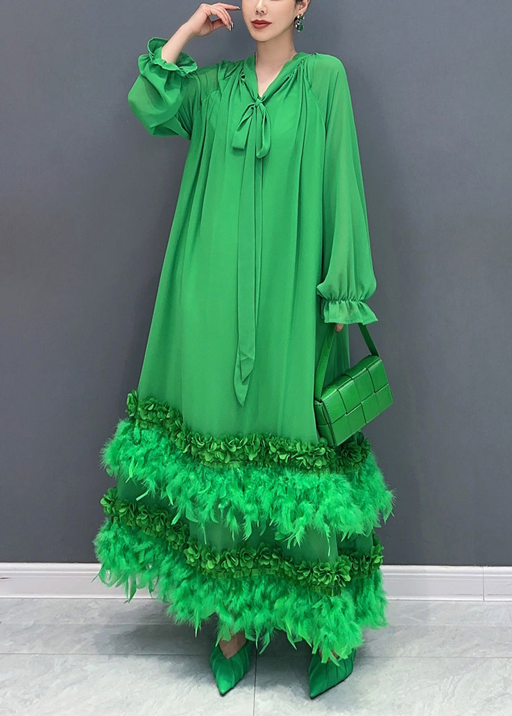 Stylish Green Feather Lace Up Patchwork Chiffon Maxi Dress Long Sleeve Spring