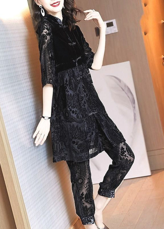 Chinese Style Black Stand Collar Asymmetrical Lace Dress and Crop Pants Two Piece Set Fall