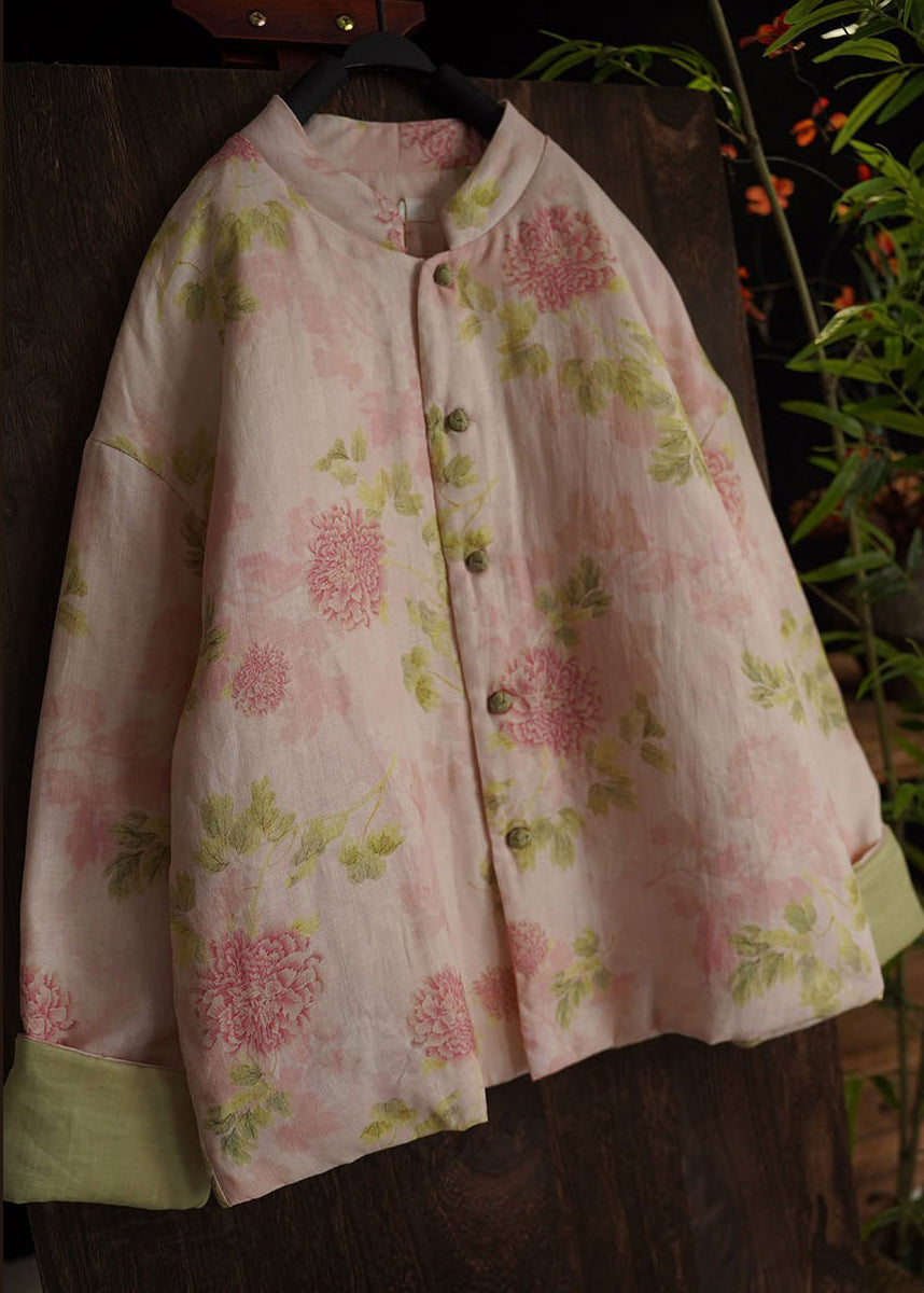 Pink O Neck Print Fine Cotton Filled Coats Long Sleeve
